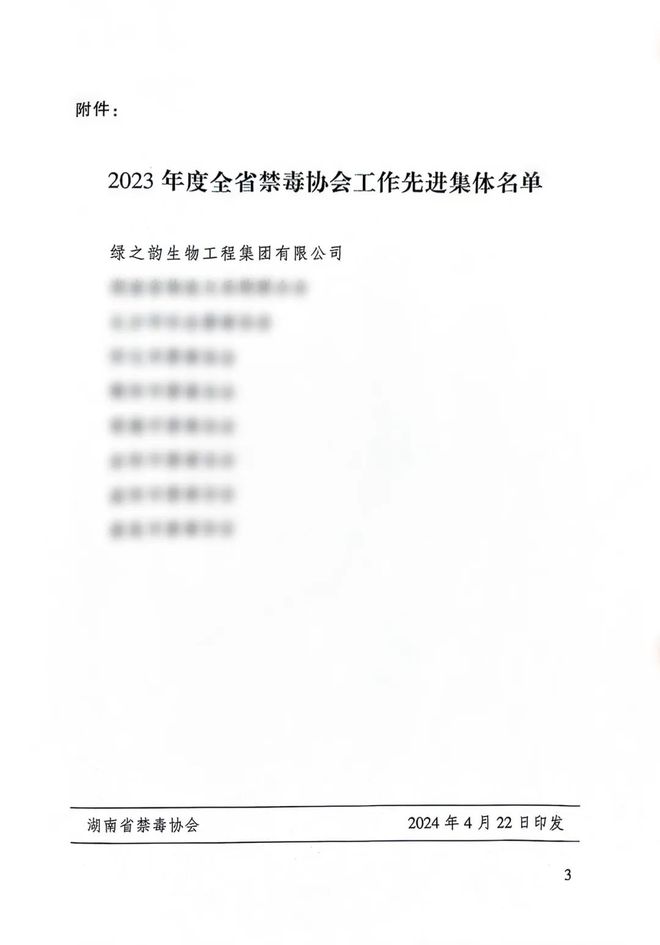 喜讯！绿之韵集团被评为“2023年度湖南省禁毒协会工作先进集体”