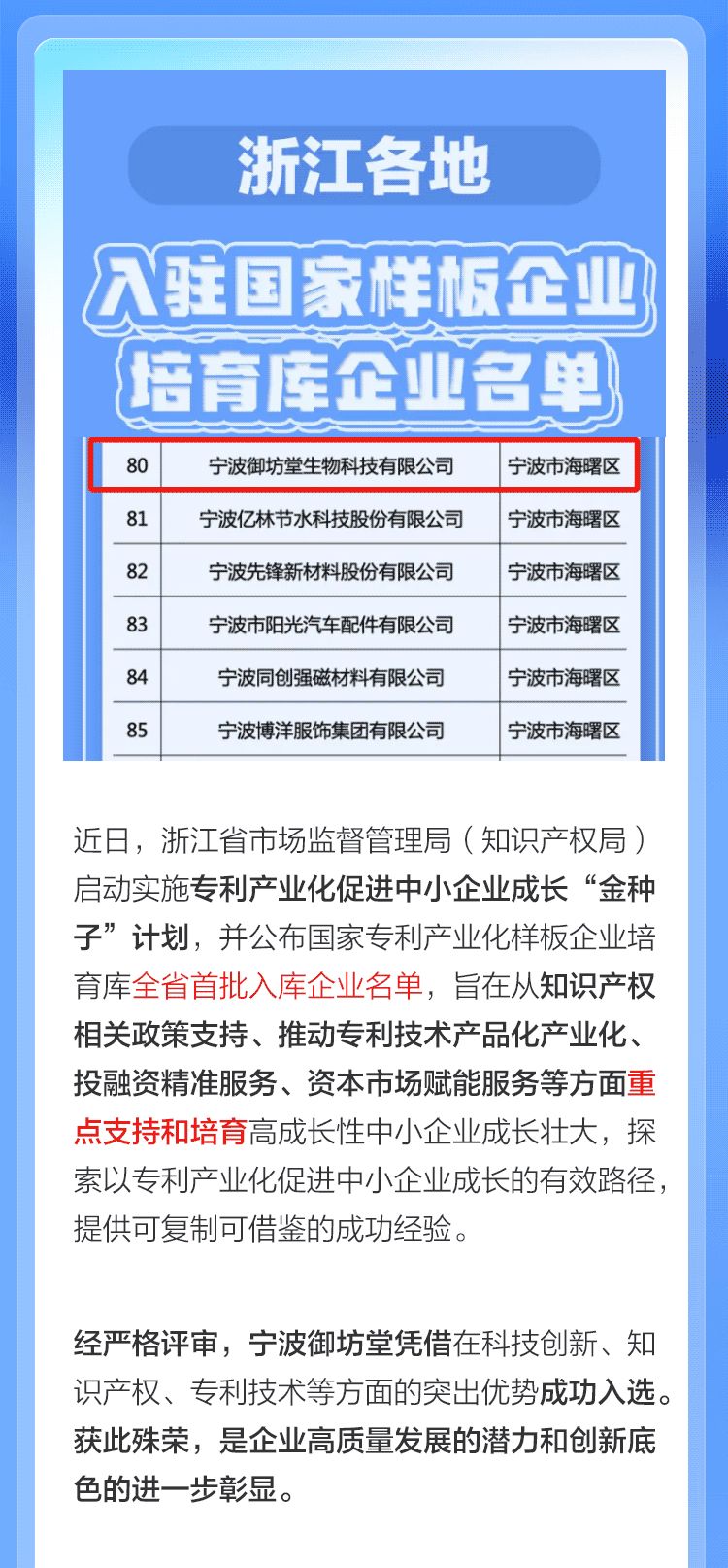 宁波御坊堂成功入选国家专利产业化样板企业培育库